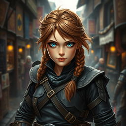 A female halfling rogue, showcasing her adventurous spirit, with striking brown hair styled in a messy braid