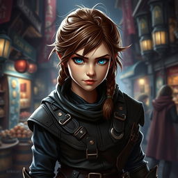 A female halfling rogue, showcasing her adventurous spirit, with striking brown hair styled in a messy braid