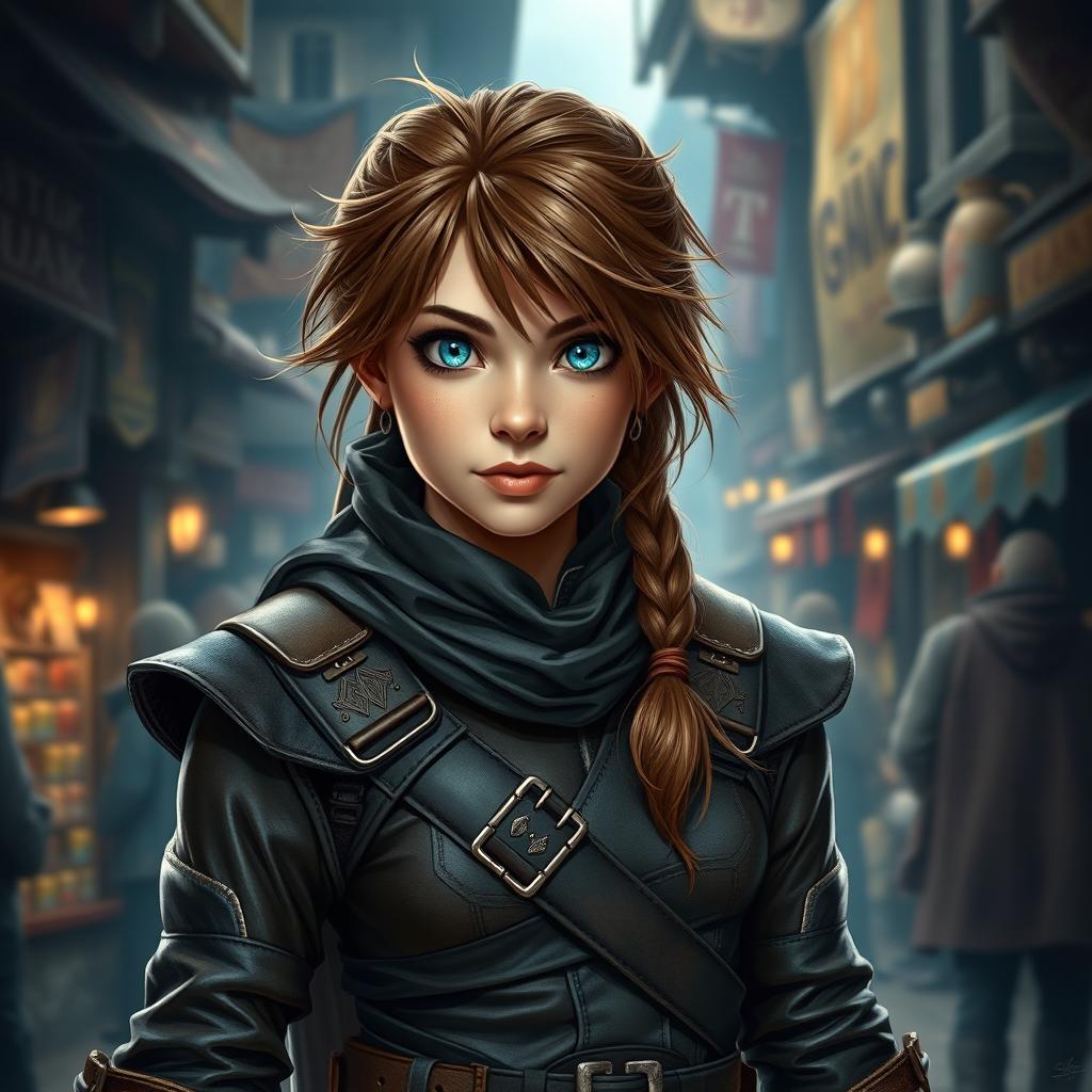 A female halfling rogue, showcasing her adventurous spirit, with striking brown hair styled in a messy braid