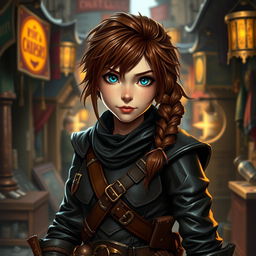 A female halfling rogue, showcasing her adventurous spirit, with striking brown hair styled in a messy braid