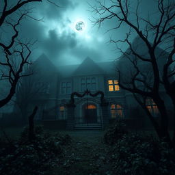 A hauntingly beautiful scene of an eerie school building shrouded in mist, surrounded by twisted trees