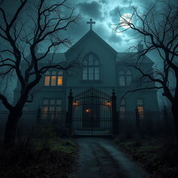 A hauntingly beautiful scene of an eerie school building shrouded in mist, surrounded by twisted trees