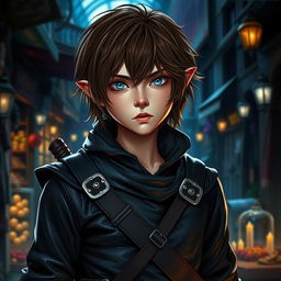 An androgynous halfling rogue, embodying a blend of both masculine and feminine features, with tousled brown hair that falls loosely around their face