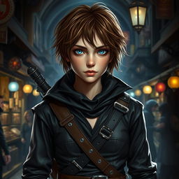 An androgynous halfling rogue, embodying a blend of both masculine and feminine features, with tousled brown hair that falls loosely around their face