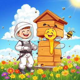 A vibrant and colorful cartoon scene depicting beekeeping activities