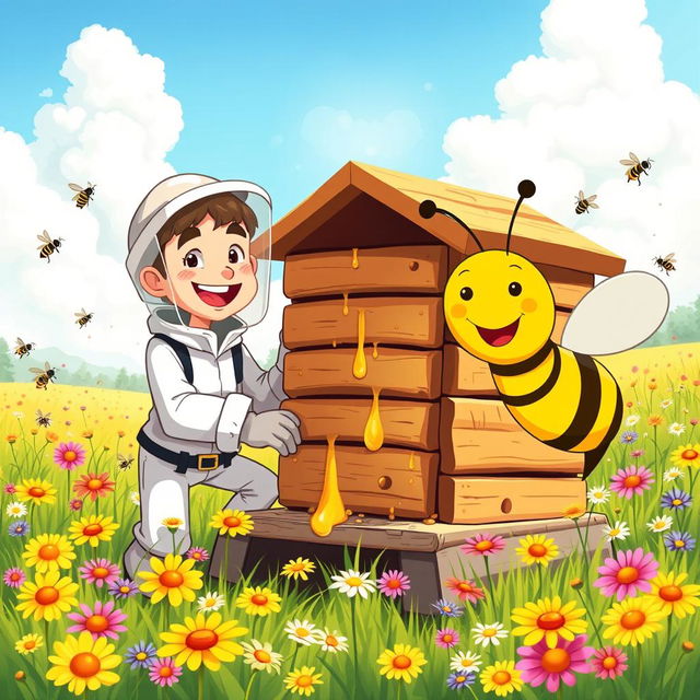 A vibrant and colorful cartoon scene depicting beekeeping activities