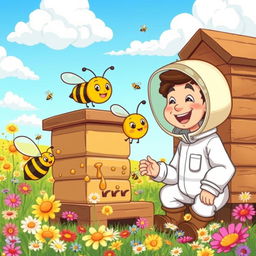 A vibrant and colorful cartoon scene depicting beekeeping activities