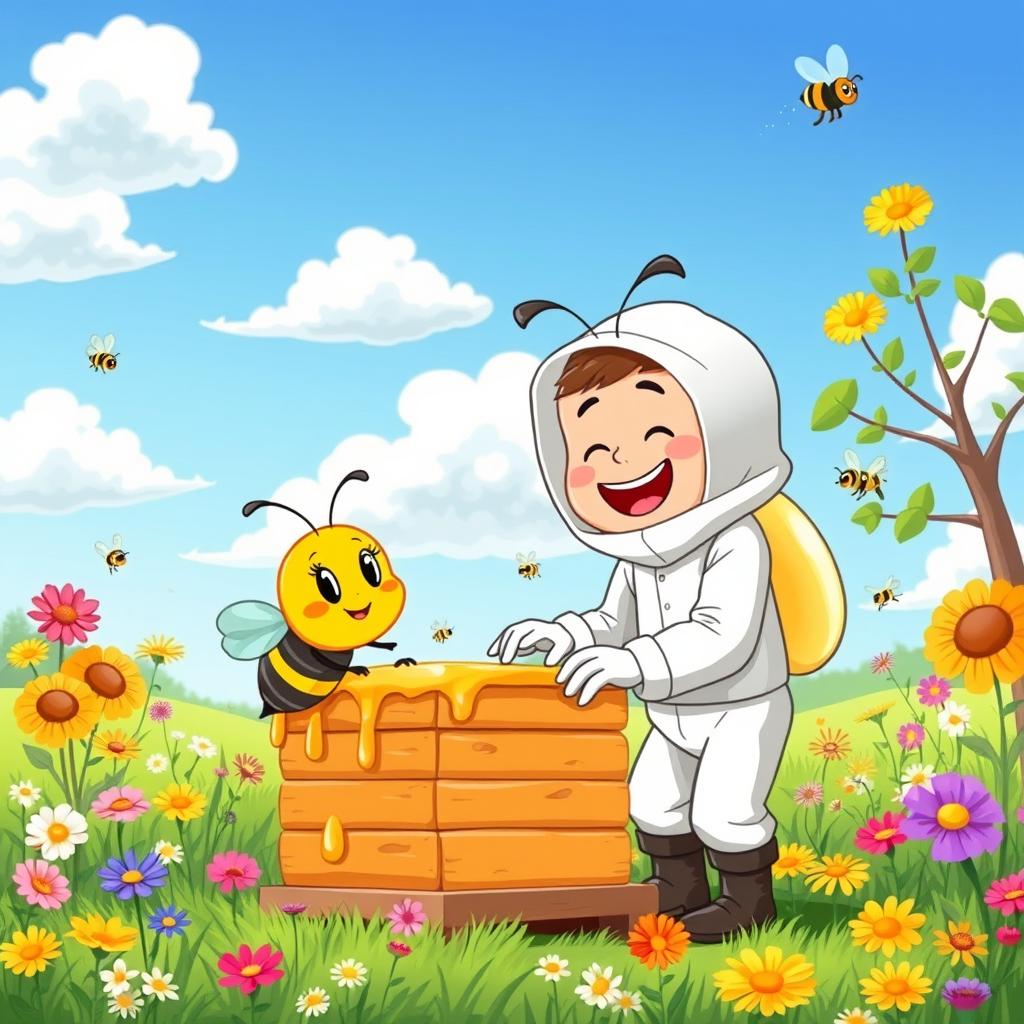 A vibrant and colorful cartoon scene depicting beekeeping activities