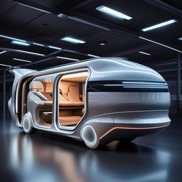 A futuristic van exhibiting state-of-the-art technology, aesthetically sleek, with a progressive, modern design.