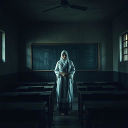 In a dimly lit classroom of a haunted Indonesian school, a spectral teacher stands at the front