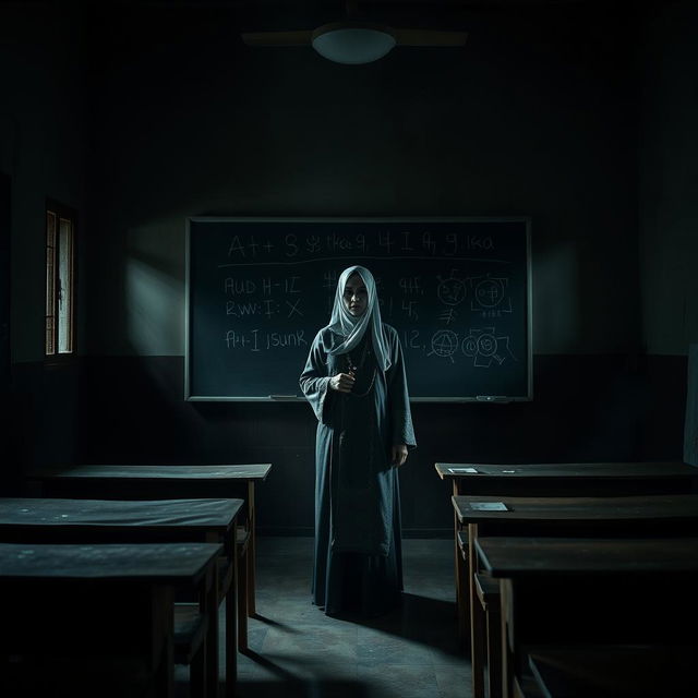 In a dimly lit classroom of a haunted Indonesian school, a spectral teacher stands at the front