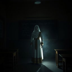 In a dimly lit classroom of a haunted Indonesian school, a spectral teacher stands at the front