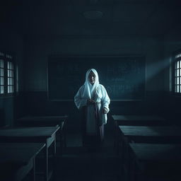 In a dimly lit classroom of a haunted Indonesian school, a spectral teacher stands at the front