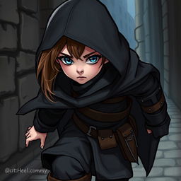An androgynous halfling rogue, dressed in a dark, flowing hooded cloak, with striking brown hair peeking from under the hood and captivating blue eyes