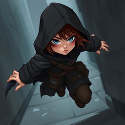 An androgynous halfling rogue, dressed in a dark, flowing hooded cloak, with striking brown hair peeking from under the hood and captivating blue eyes