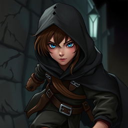 An androgynous halfling rogue, dressed in a dark, flowing hooded cloak, with striking brown hair peeking from under the hood and captivating blue eyes