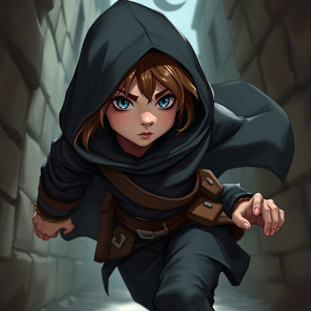 An androgynous halfling rogue, dressed in a dark, flowing hooded cloak, with striking brown hair peeking from under the hood and captivating blue eyes