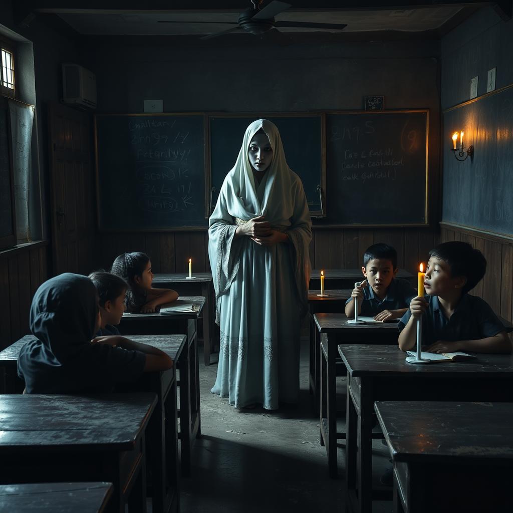 In a chilling Indonesian school classroom, a ghostly teacher stands before her students, who appear intrigued yet frightened