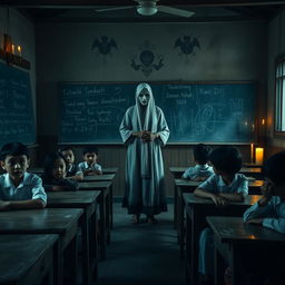 In a chilling Indonesian school classroom, a ghostly teacher stands before her students, who appear intrigued yet frightened