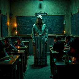 In a chilling Indonesian school classroom, a ghostly teacher stands before her students, who appear intrigued yet frightened