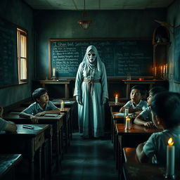 In a chilling Indonesian school classroom, a ghostly teacher stands before her students, who appear intrigued yet frightened