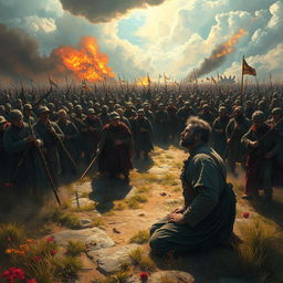 In a dramatic battlefield scene, the landscape transforms as soldiers, no longer under the control of General Umbra, pause their fighting in disbelief