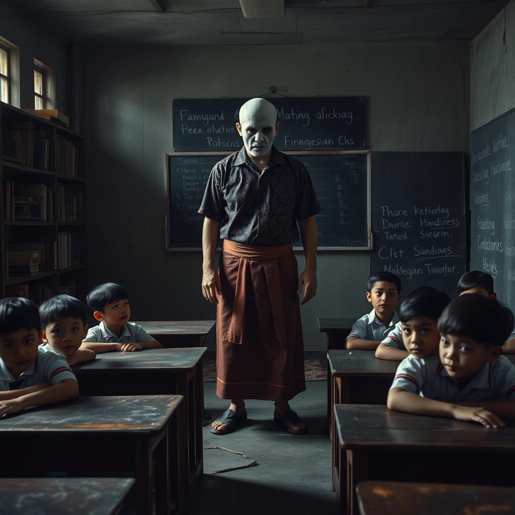 In a spooky Indonesian school classroom, a male ghost teacher stands ominously at the front, dressed in traditional Javanese attire, complete with a batik shirt and a sarong