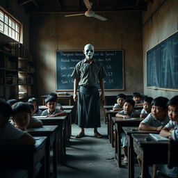 In a spooky Indonesian school classroom, a male ghost teacher stands ominously at the front, dressed in traditional Javanese attire, complete with a batik shirt and a sarong