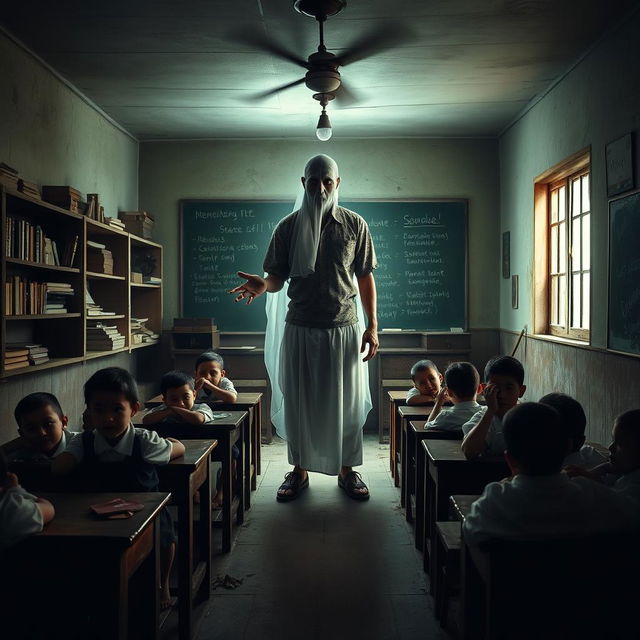 In a spooky Indonesian school classroom, a male ghost teacher stands ominously at the front, dressed in traditional Javanese attire, complete with a batik shirt and a sarong