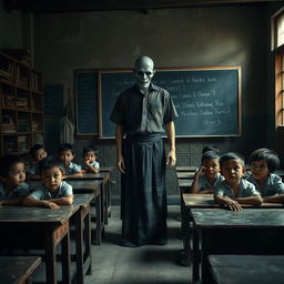 In a spooky Indonesian school classroom, a male ghost teacher stands ominously at the front, dressed in traditional Javanese attire, complete with a batik shirt and a sarong