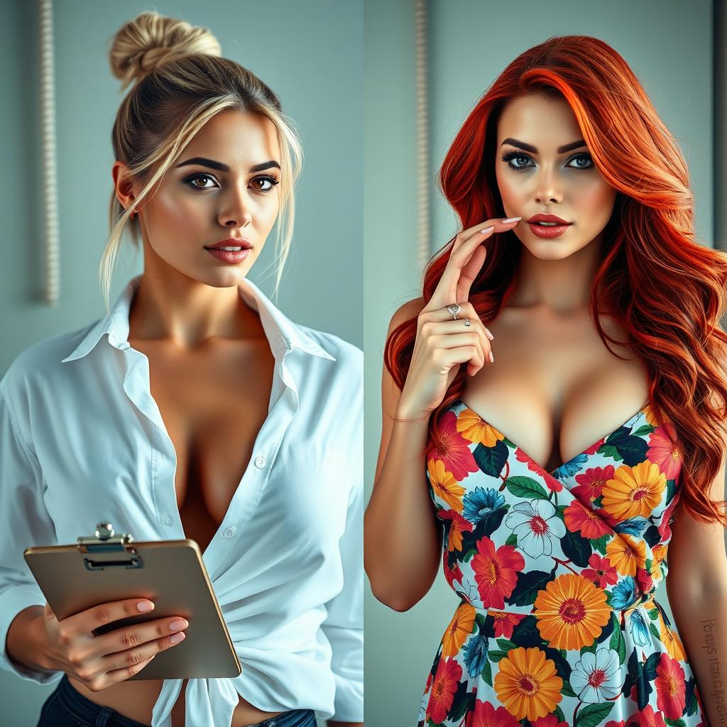 A visually striking split screen image featuring two gorgeous females