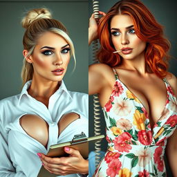 A visually striking split screen image featuring two gorgeous females