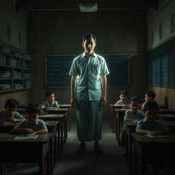In a haunting Indonesian school classroom, a slightly transparent male teacher stands at the front, emanating an otherworldly glow