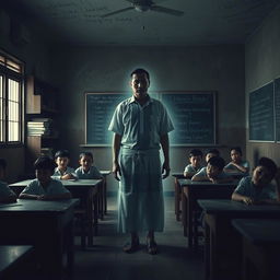 In a haunting Indonesian school classroom, a slightly transparent male teacher stands at the front, emanating an otherworldly glow