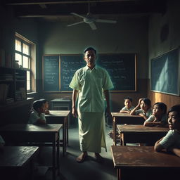 In a haunting Indonesian school classroom, a slightly transparent male teacher stands at the front, emanating an otherworldly glow