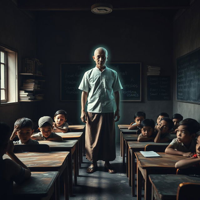 In a haunting Indonesian school classroom, a slightly transparent male teacher stands at the front, emanating an otherworldly glow