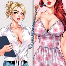 A split-screen illustration featuring two gorgeous females in close-up torso shots
