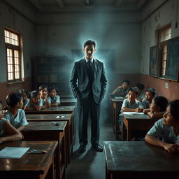 In a ghostly Indonesian classroom, a slightly transparent male teacher dressed in a formal dark suit and tie stands at the front, radiating an unsettling aura