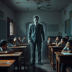 In a ghostly Indonesian classroom, a slightly transparent male teacher dressed in a formal dark suit and tie stands at the front, radiating an unsettling aura