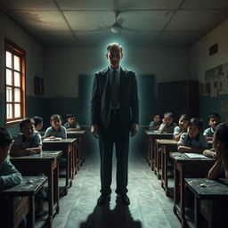 In a ghostly Indonesian classroom, a slightly transparent male teacher dressed in a formal dark suit and tie stands at the front, radiating an unsettling aura