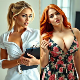 Split screen image showcasing two gorgeous females in close-up chest and torso shots