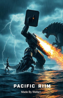 A highly detailed scene depicting a colossal robot battling a ferocious monster in the ocean at night