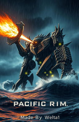 A highly detailed scene depicting a colossal robot battling a ferocious monster in the ocean at night