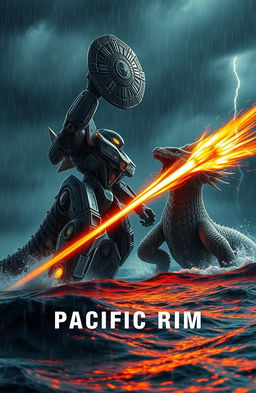 A highly detailed scene depicting a colossal robot battling a ferocious monster in the ocean at night