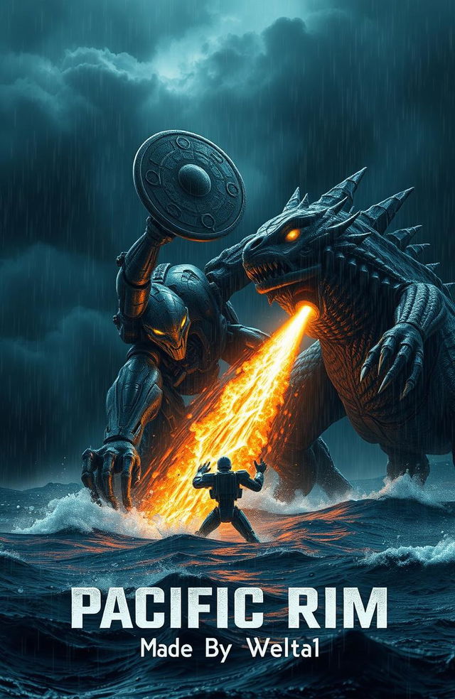 A highly detailed scene depicting a colossal robot battling a ferocious monster in the ocean at night