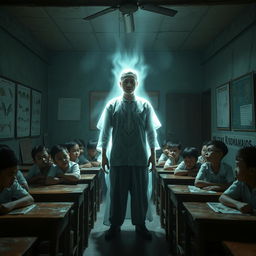 In a chilling Indonesian school classroom, a slightly transparent male teacher dressed in traditional Sundanese attire, complete with a vintage batik shirt and peci, stands at the front