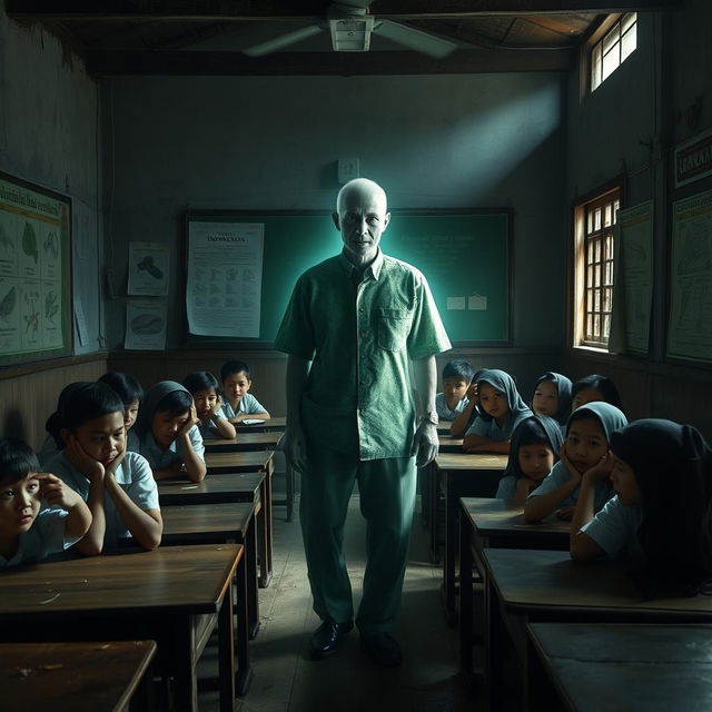 In a chilling Indonesian school classroom, a slightly transparent male teacher dressed in traditional Sundanese attire, complete with a vintage batik shirt and peci, stands at the front