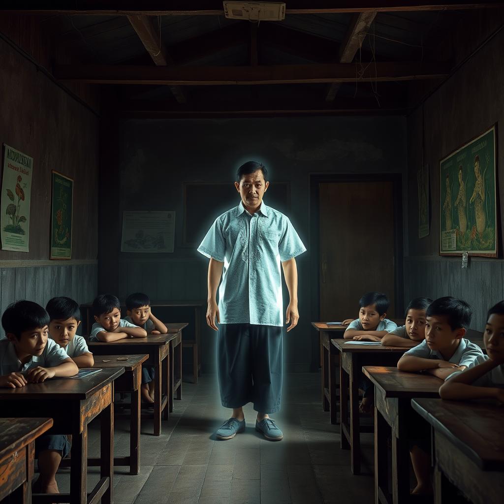 In a chilling Indonesian school classroom, a slightly transparent male teacher dressed in traditional Sundanese attire, complete with a vintage batik shirt and peci, stands at the front