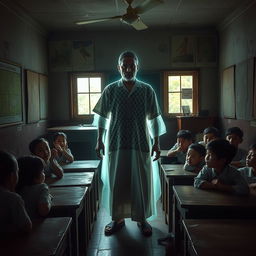 In a chilling Indonesian school classroom, a slightly transparent male teacher dressed in traditional Sundanese attire, complete with a vintage batik shirt and peci, stands at the front