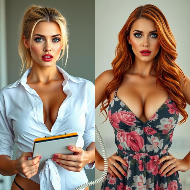 A split screen image featuring two gorgeous females, each with close-up shots focused on their chests and torsos